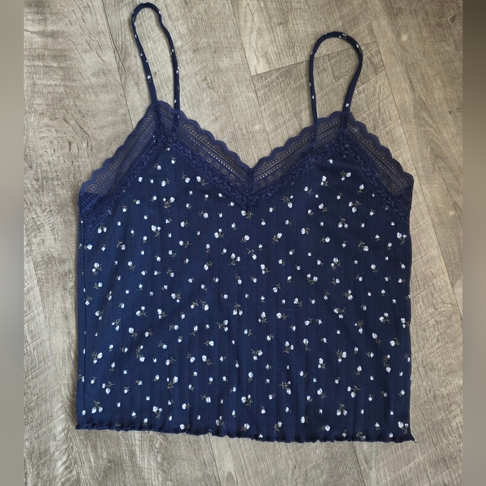 No Boundaries Dark Blue Lace Trim Cami Top